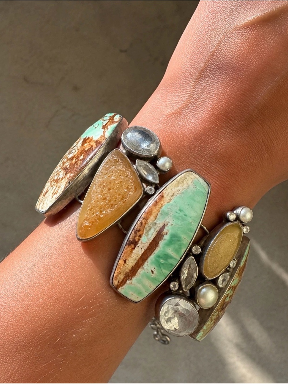 Mint Green Turquoise & Honey Druzy Statement Cuff Bracelet